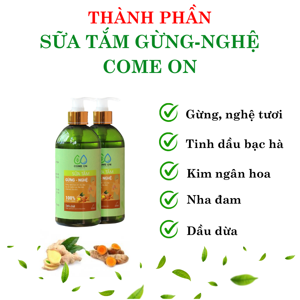 Sữa tắm gừng nghệ Come on chai 500ml, tặng túi thơm cà phê sữa tắm trị mụn lưng, sữa tắm tẩy tế bào chết, sữa tắm trắng da