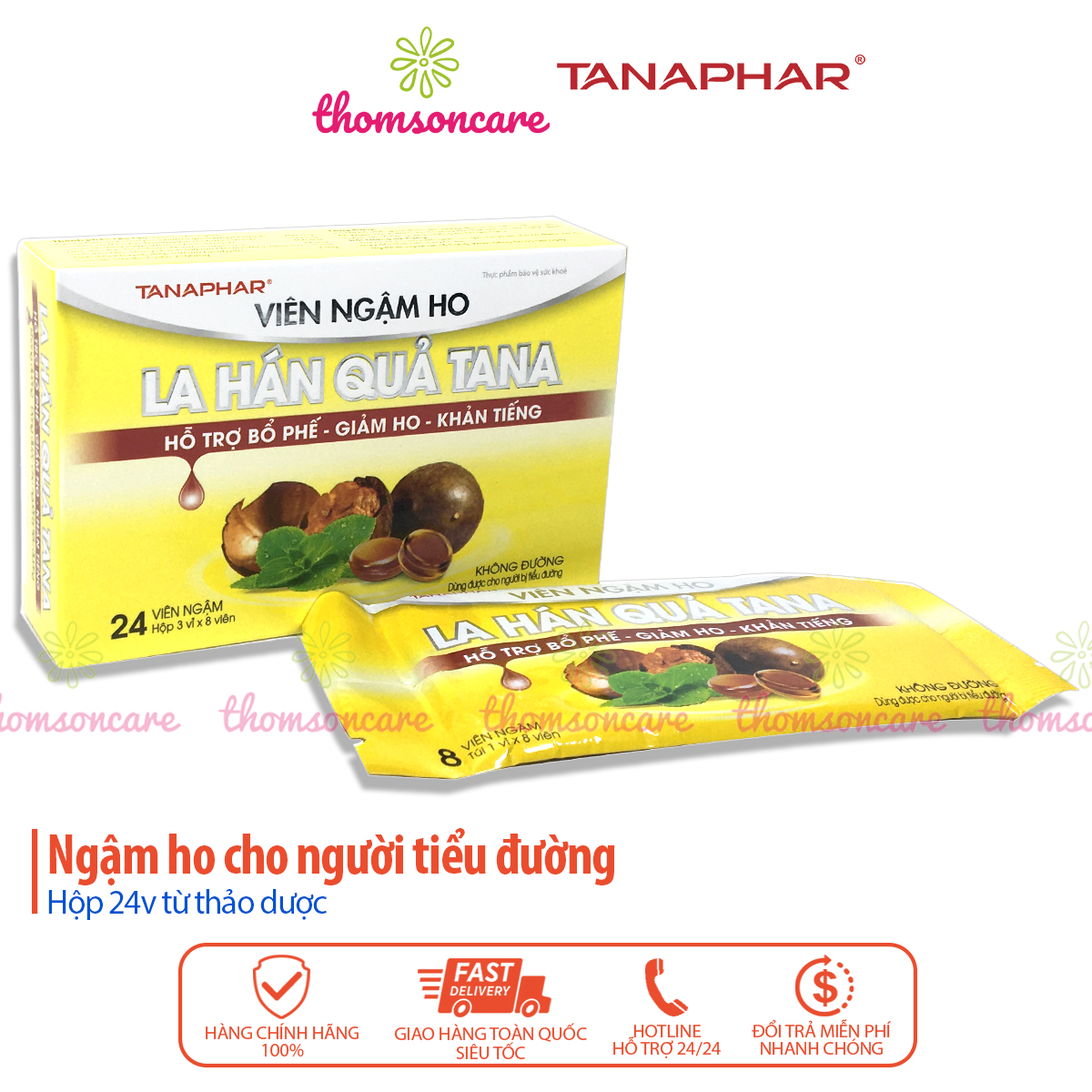 La hán quả Tana loại không đường - Viên ngậm giảm ho cho người tiểu đườngg - Hộp 24 viên thảo dược
