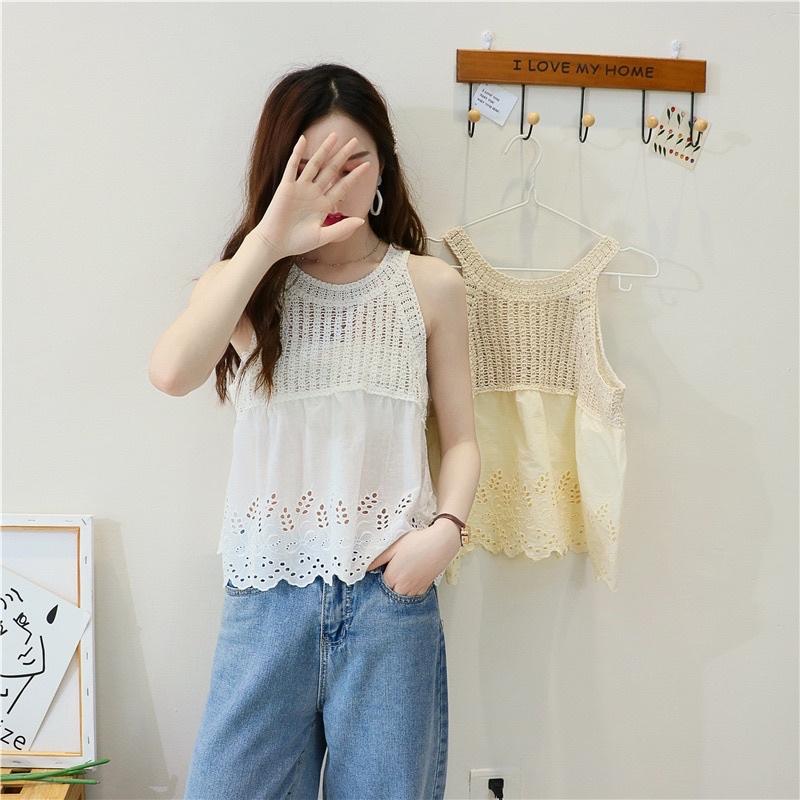 Áo kiểu nữ cổ yếm sợi móc mix vải thô boi viền hoa phong cách Hàn Quốc