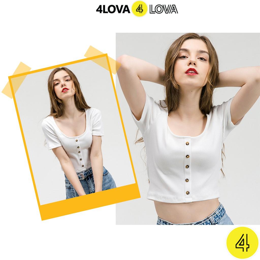 Áo croptop cộc tay 4LOVA cổ vuông phối cúc ngực màu trơn năng động