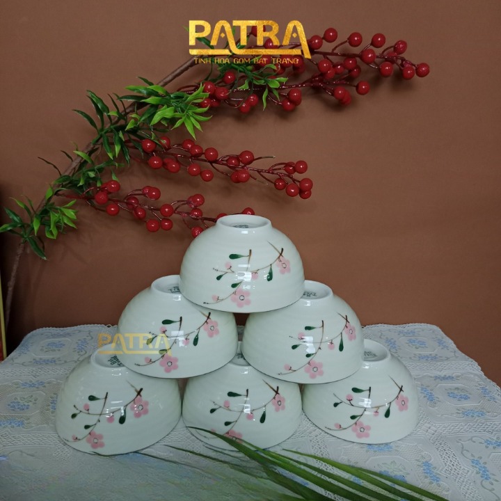 Bộ bát đĩa sứ Bát Tràng, bộ chén dĩa men kem họa tiết hoa đào đỏ 13 chi tiết, có bán các món lẻ