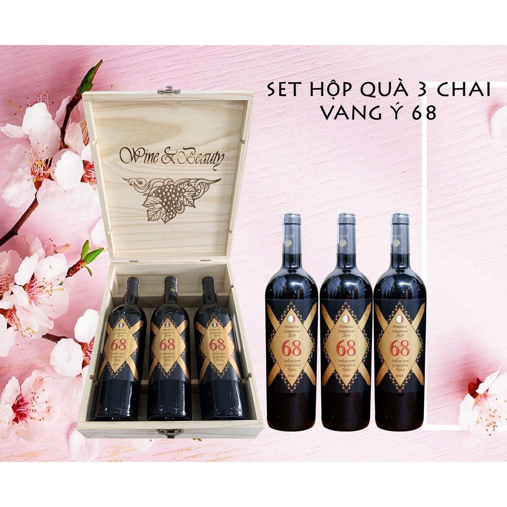 Set quà tặng hộp gỗ 3 chai rượu vang Ý 68 cao cấp