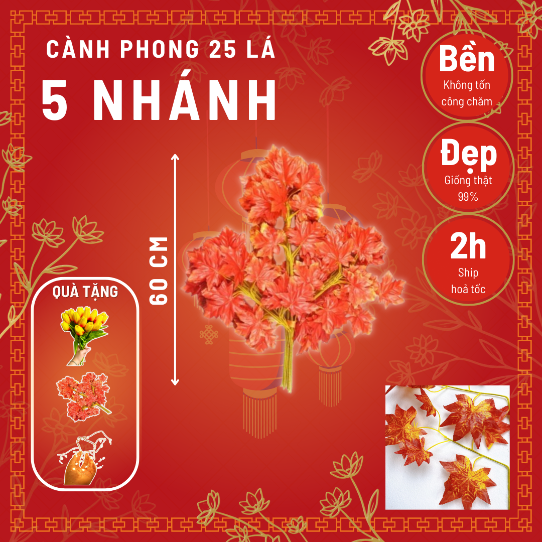 Cành Lá Phong Đỏ Trang Trí 25 lá Giá sỉ- Lá giả