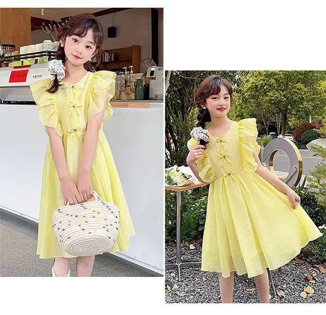 CHENGRUI Cô gái ăn mặc mùa hè 2023 phong cách phương Tây trẻ em chiffon lưới váy công chúa màu đỏ thời trang cô gái không tay váy ẩm ướt