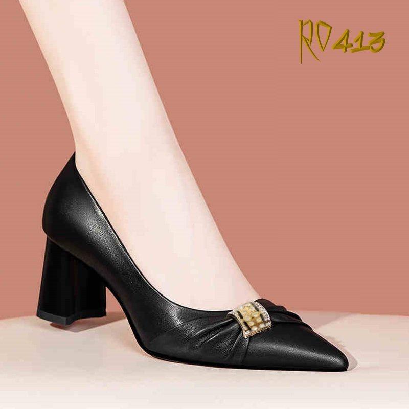 Giày cao gót nữ đẹp đế vuông 5 phân hàng hiệu rosata hai màu đen nâu ro413