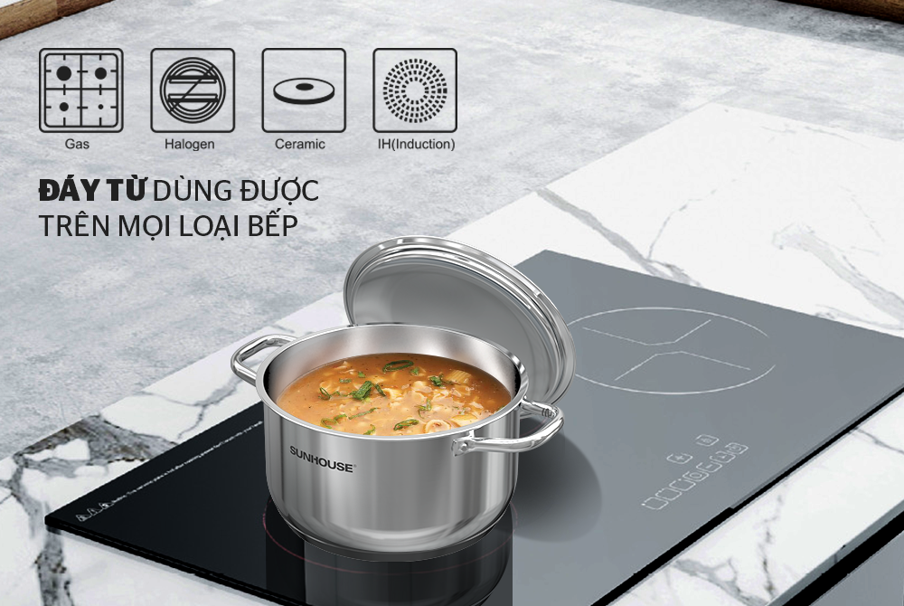 Bộ nồi chảo inox 5 đáy Sunhouse SHG995 dùng cho mọi loại bếp - Hàng chính hãng