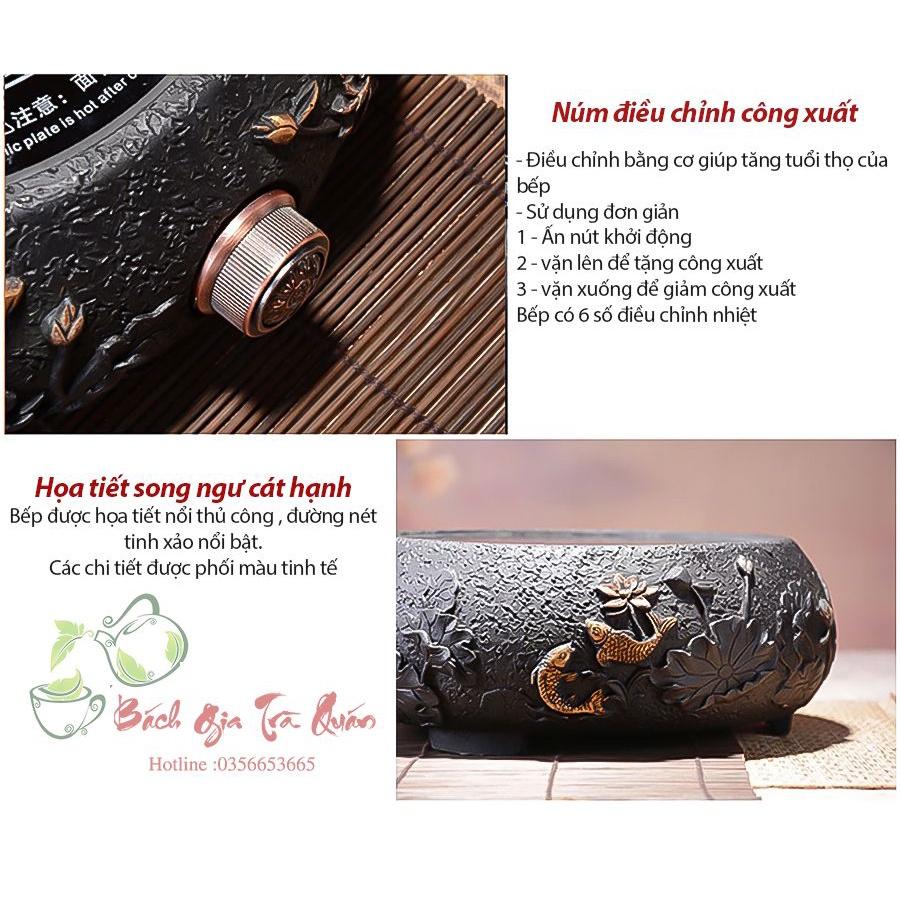 Bếp Điện Hồng Ngoại Đun Ấm Tetsubin - Vỏ Đúc Gang Thủ Công -Họa Tiết Tam Ngư Chầu Nguyệt - Công Suất 1500w