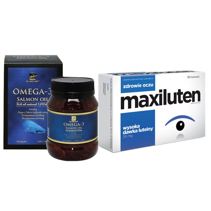 Bộ sản phẩm bổ mắt nhập khẩu chính hãng gồm: Viên uống bổ mắt MAXILUTEN  và viên uống omega 3 dầu cá Hồi OMEGA 3 SALMON OIL