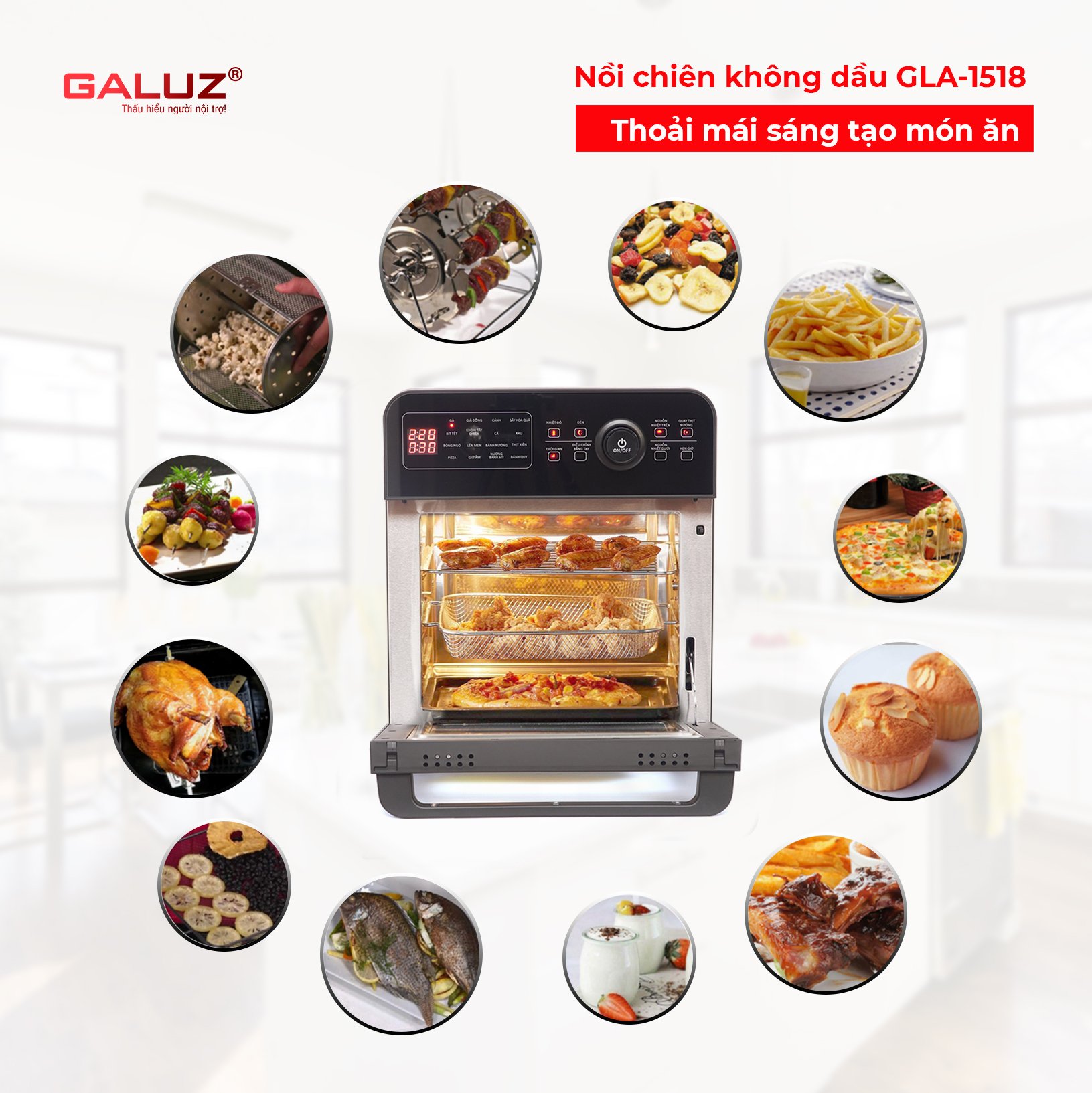 Nồi chiên không dầu GALUZ GLA 1518, dung tích 15L, công suất 1800W, vỏ ngoài bằng inox 304, bộ phụ kiện đa dạng lồng chiên, xiên quay gà, vỉ nướng, hàng chính hãng