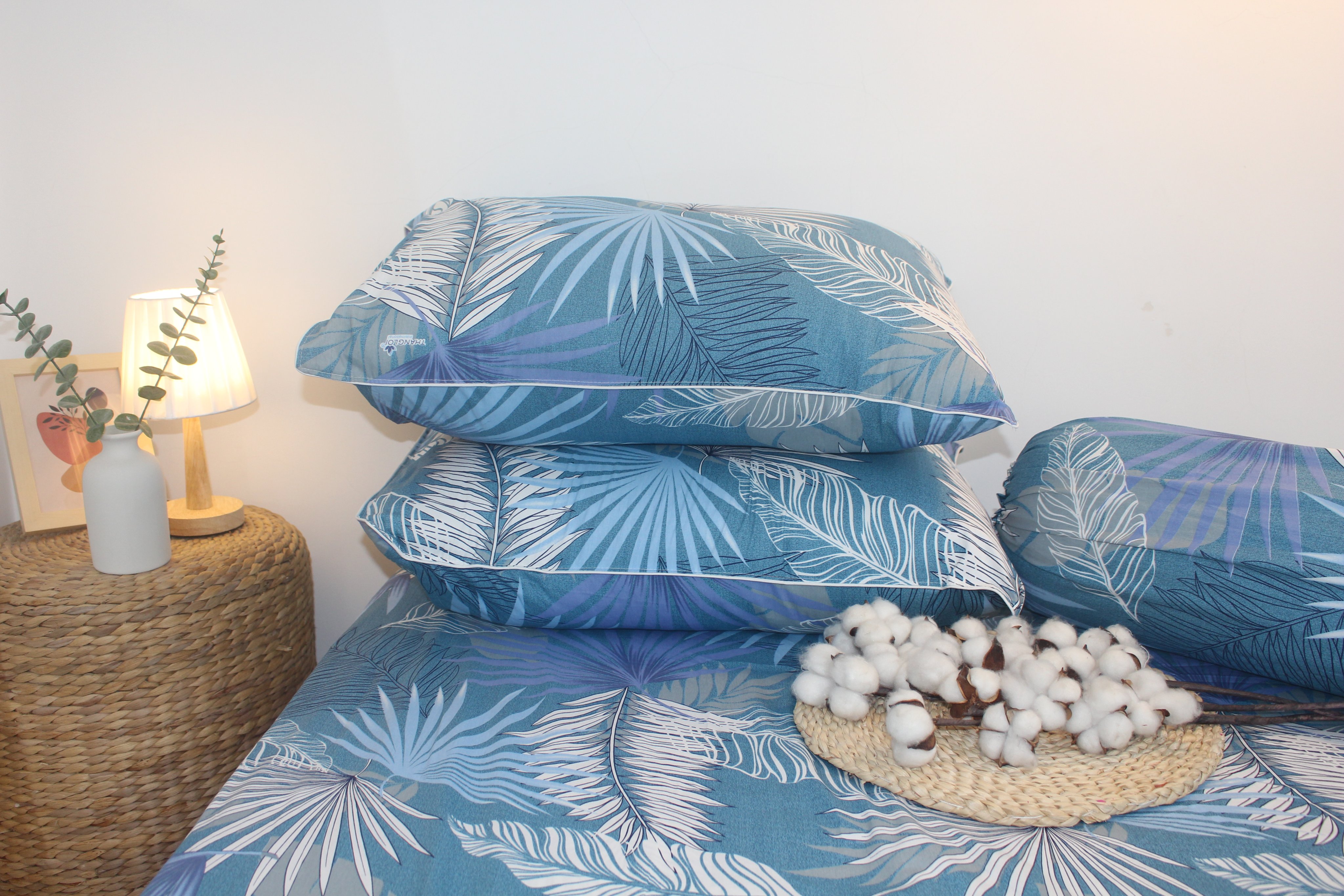 Bộ Drap Gối Cotton - Lá Cọ Xanh- vải dày dặn, mát mẻ, siêu thấm mồ hôi