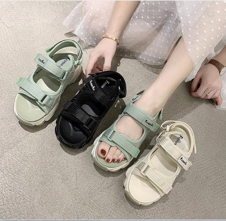 Giày sandal nữ quai dán vải dù 3 màu đế cao 5cm phong cách Ulzzang S118