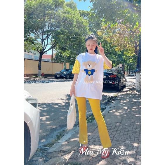Set quần ống rộng áo thun cotton tay phối gấu thêu xinh xắn