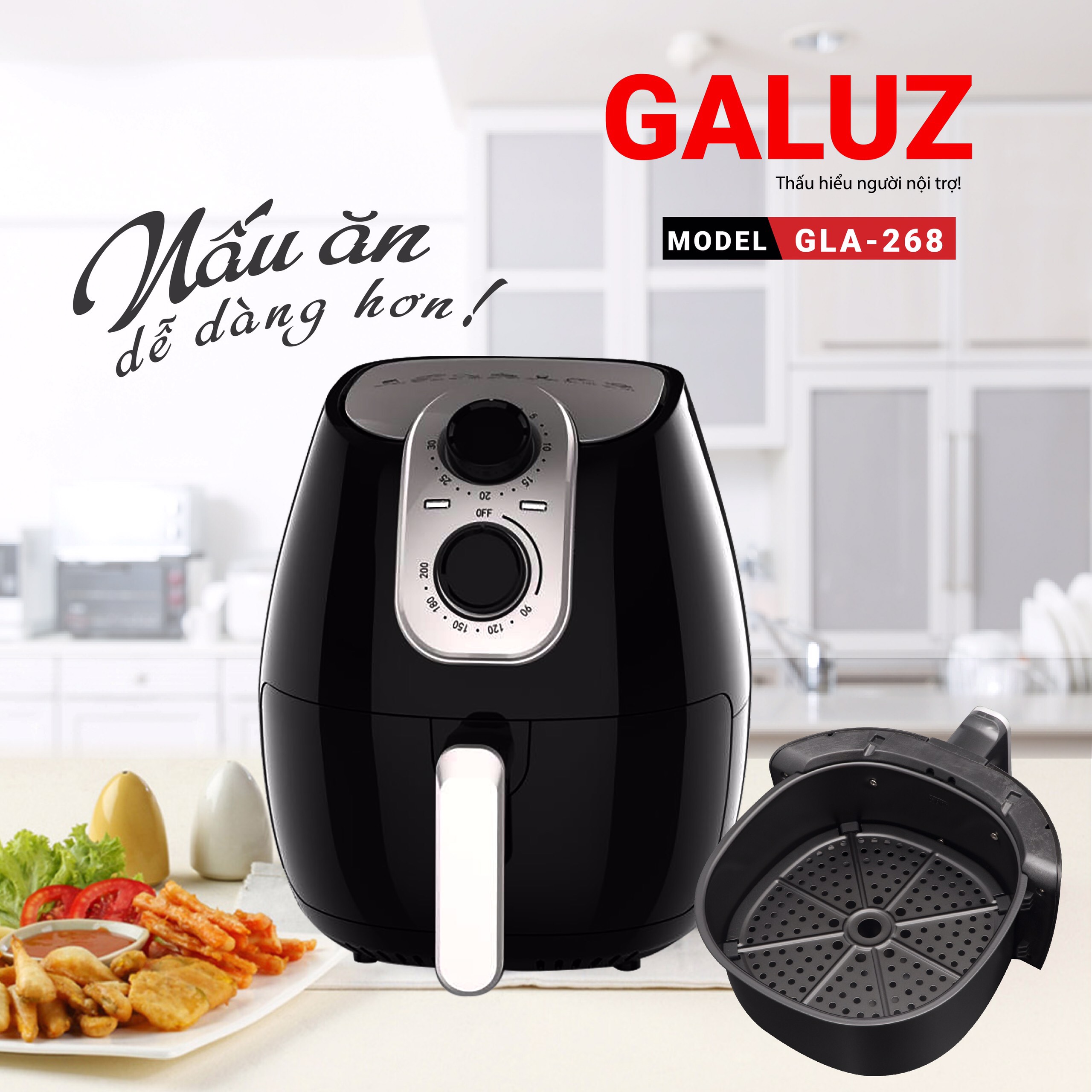 Nồi chiên không dầu Galuz GLA 268, dung tích 4 lít, công nghệ Rapid Air, hàng chính hãng