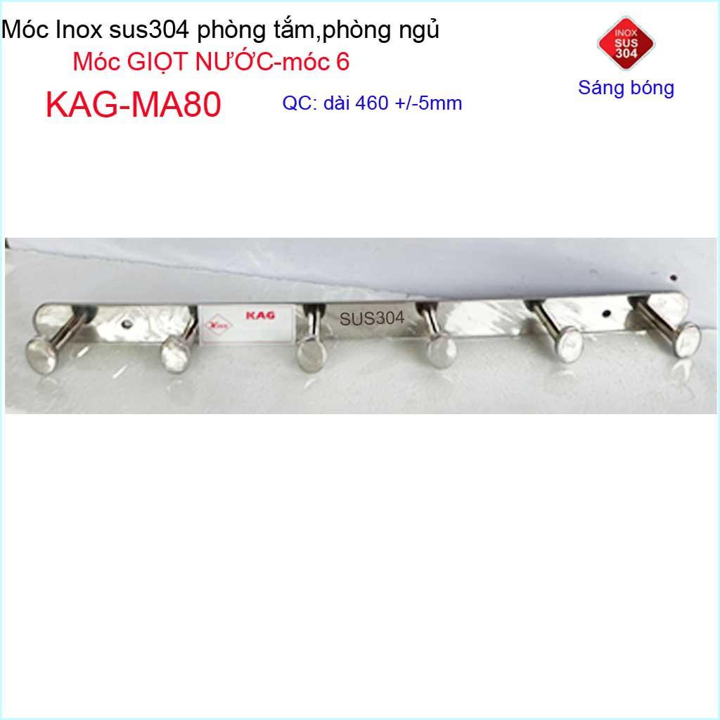 Móc giọt nước treo quần áo inox 304 cao cấp dày, móc Kace 6 móc treo đồ nhà tắm KAG-MA80