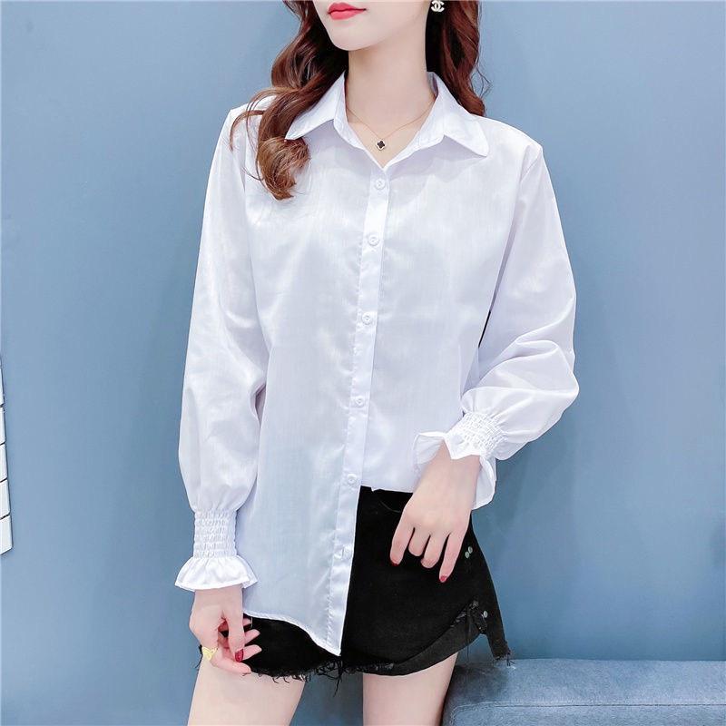 Áo Sơ Mi Nữ Form Rộng Kiểu Công Sở Dài Tay Phồng Bo Chun Dáng Dài Hàn Quốc Vải Lụa Màu Trắng Cổ Đức Vintage YURITA