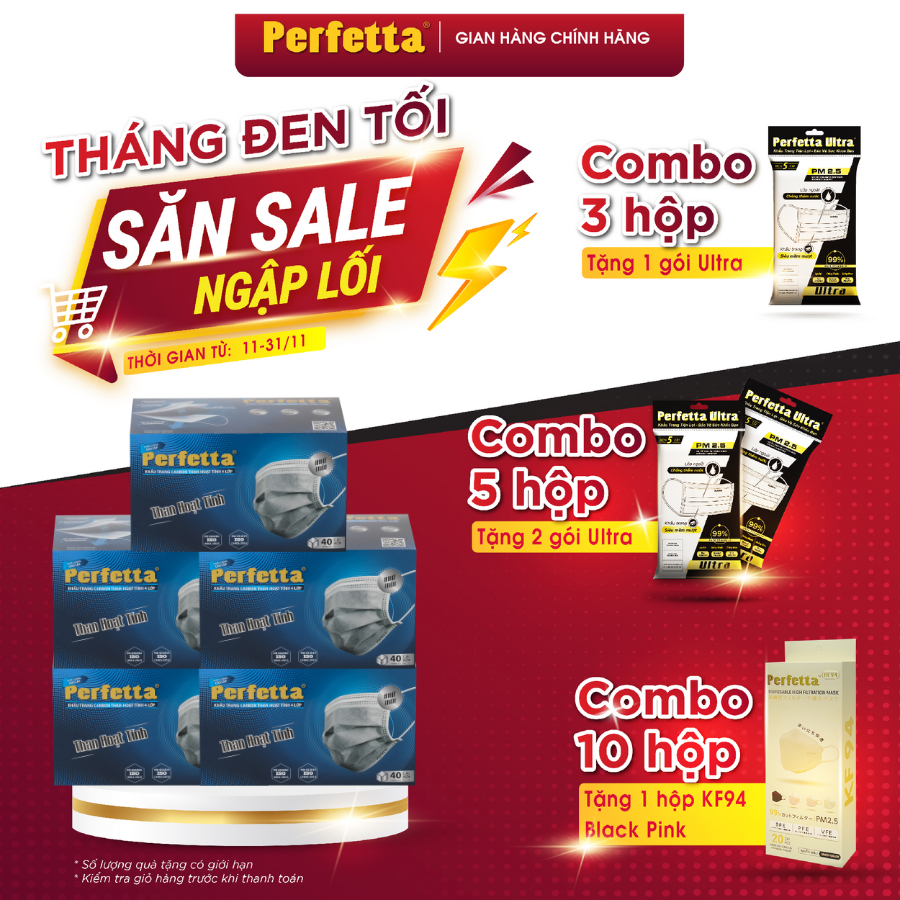 5 hộp khẩu trang 4 lớp Perfetta carbon than hoạt tính - Hàng chính hãng