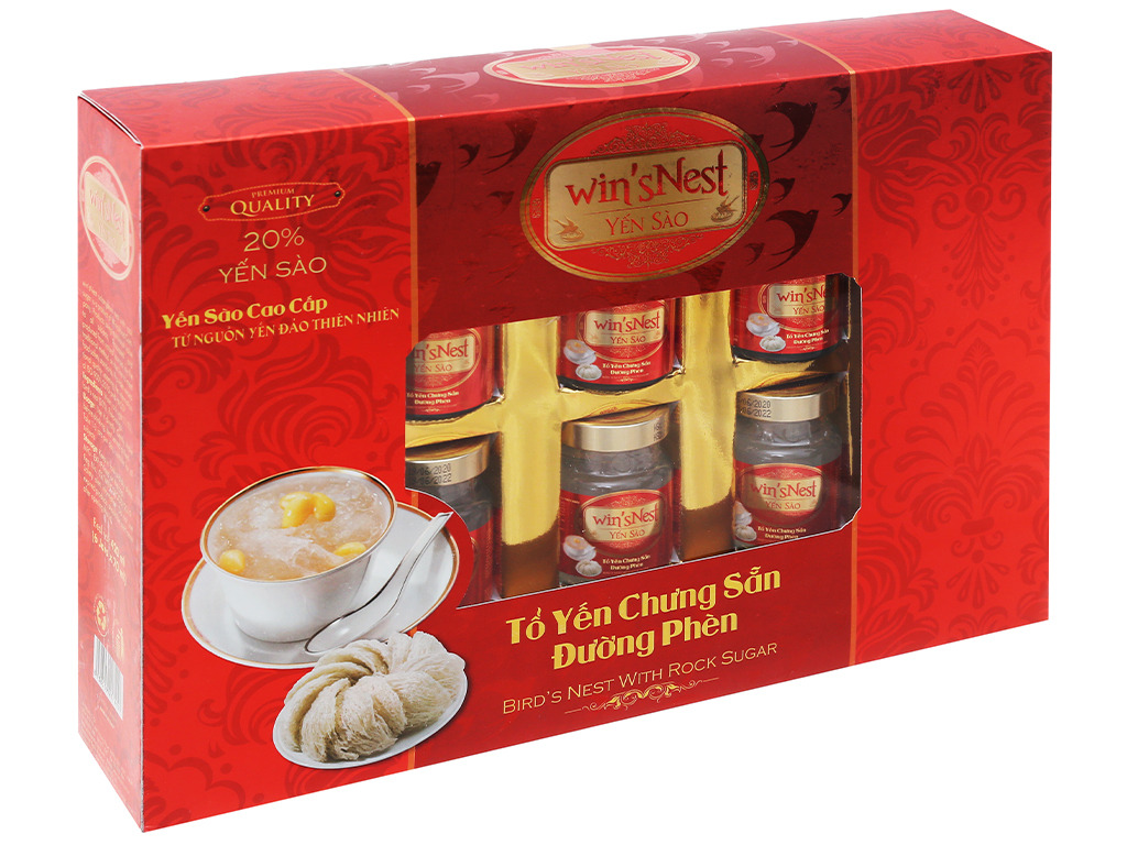 (Thùng Yến Xuân) 06 hộp Yến Sào win'sNest Tổ Yến Chưng Sẵn 20% Đường Phèn (6 Lọ/Hộp) kèm túi xuân