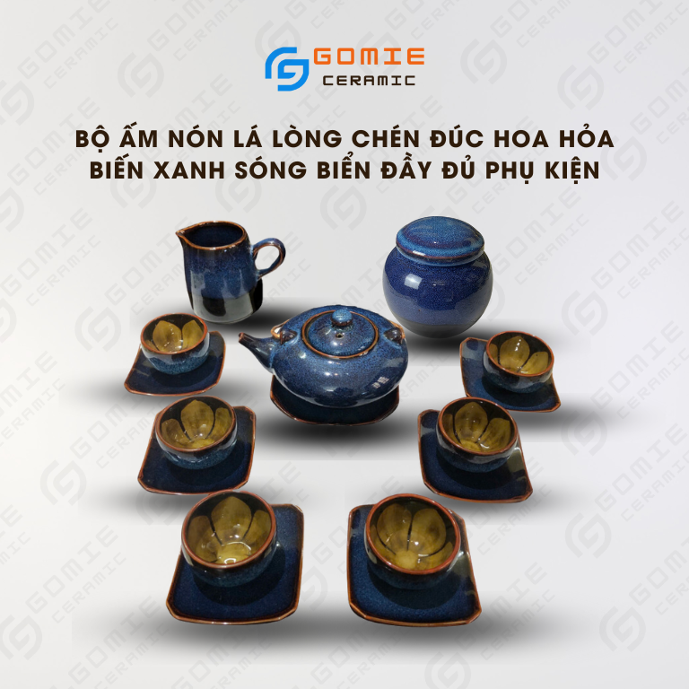 Bộ Ấm nón lá lòng chén đúc hoa HB Xanh Sóng Biển đầy đủ phụ kiện