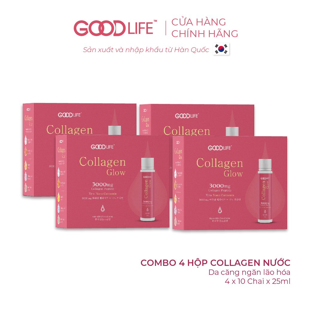 Combo 4 hộp nước uống GOODLIFE COLLAGEN GLOW 3000mg -kết hợp độc đáo Nano Curcumin và Vitamin C