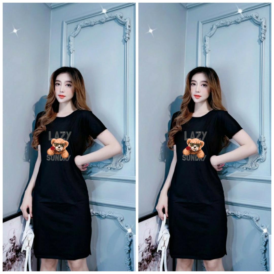 Đầm thun nữ suông xẻ tà in hình Gấu Lazy Sunday thun cotton 4 chiều từ 40-55kg