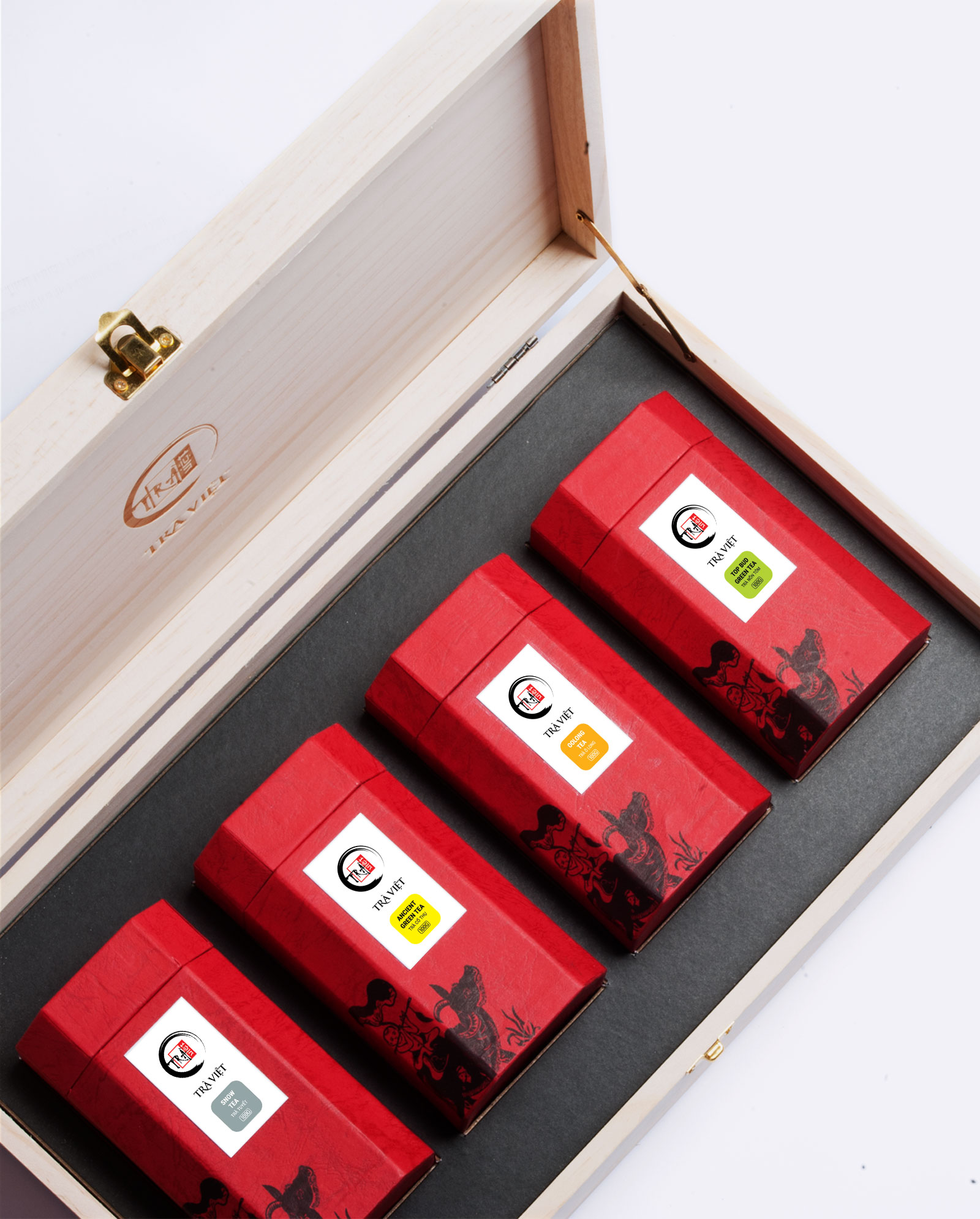 Hộp trà Tứ Quý Trà Việt - Sen - Ô Long - Cổ Thụ - Nõn Tôm (gỗ)