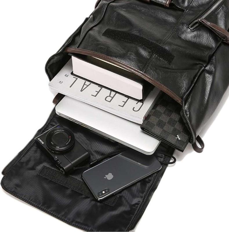 Men's Large Capacity Leather Casual Laptop Backpack - Black