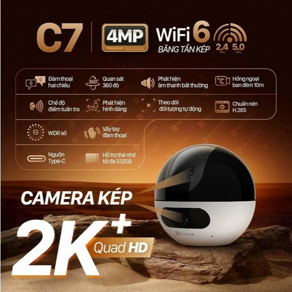 Camera Wifi Ezviz C7 2 Mắt 8M Quay Quét 360 độ, cảnh báo, phát hiện chuyển động, chống bụi, ban đêm có màu - hàng chính hãng