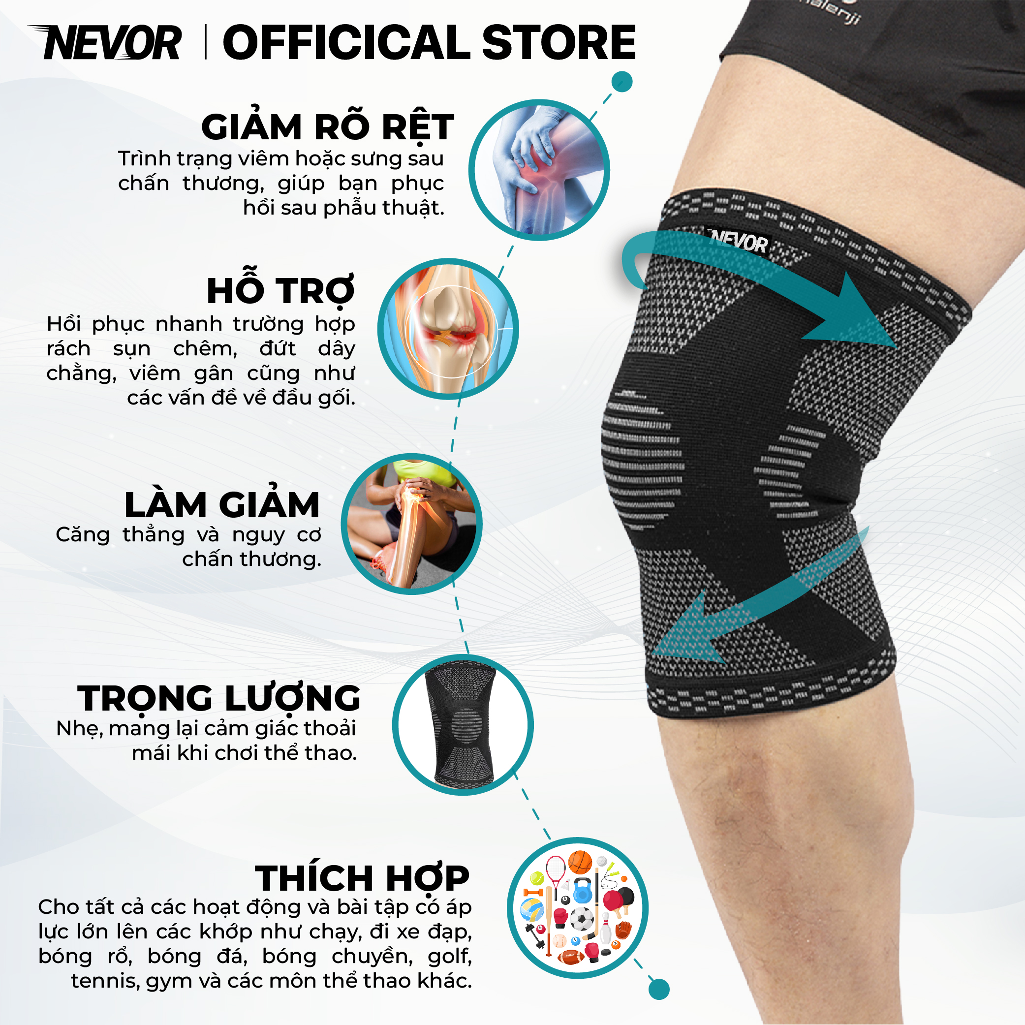 Bó Gối Thể Thao Nevor BDG07 Co Dãn 4 Chiều Giảm Thiểu Chấn Thương, Hỗ Trợ Phục Hồi Cho Bóng Đá, Bóng Chuyền, Chạy Bộ...