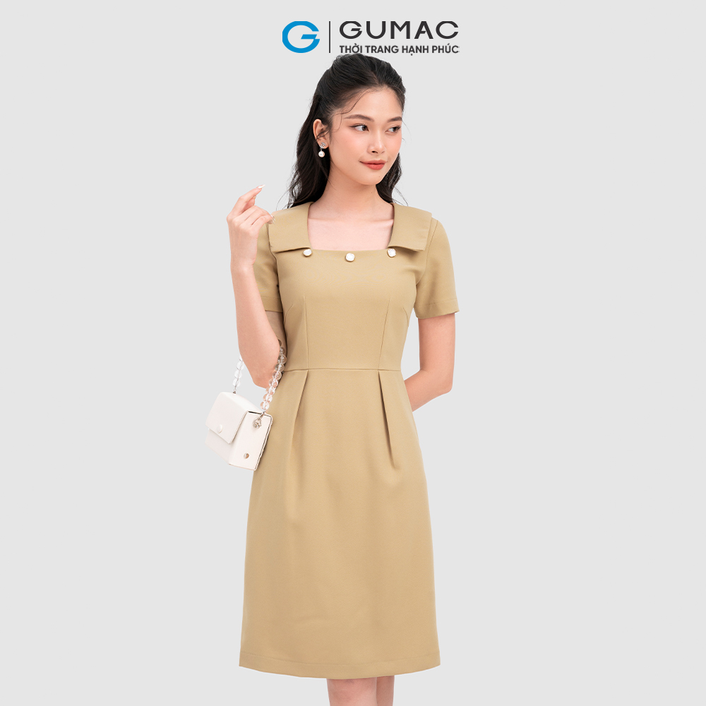 Đầm cổ vuông GUMAC DC11089 phối nút phong cách