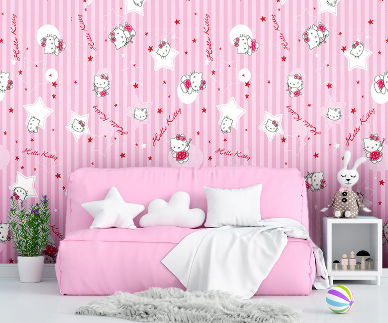 Combo 10 mét giấy dán tường, decal dán tường trang trí nhà cửa KITTY SỌC HỒNG khổ 45cm