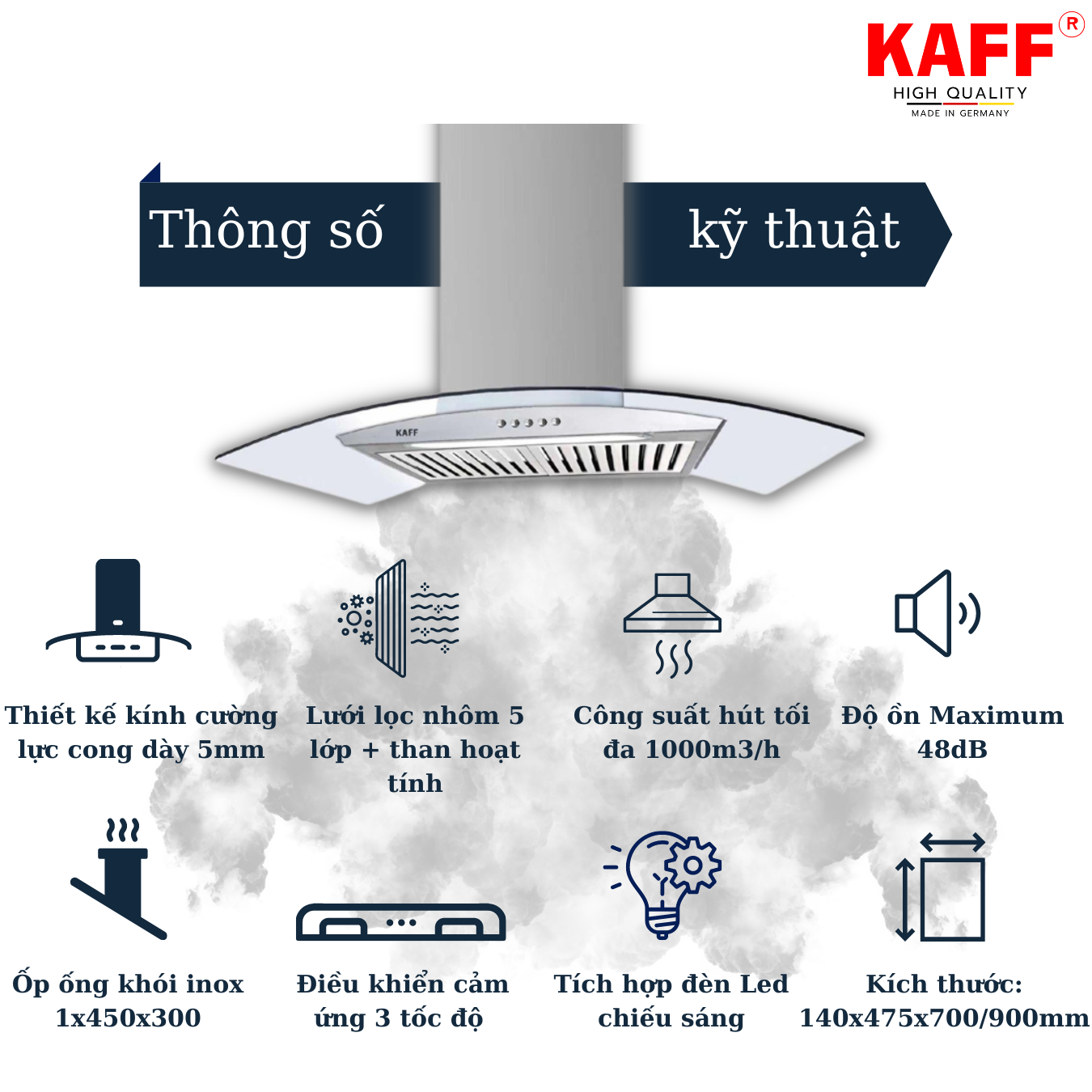 Máy hút mùi kính cong 900mm KAFF KF_GB983N Tặng bộ lọc than thay thế KAFF _ Hàng Chính Hãng