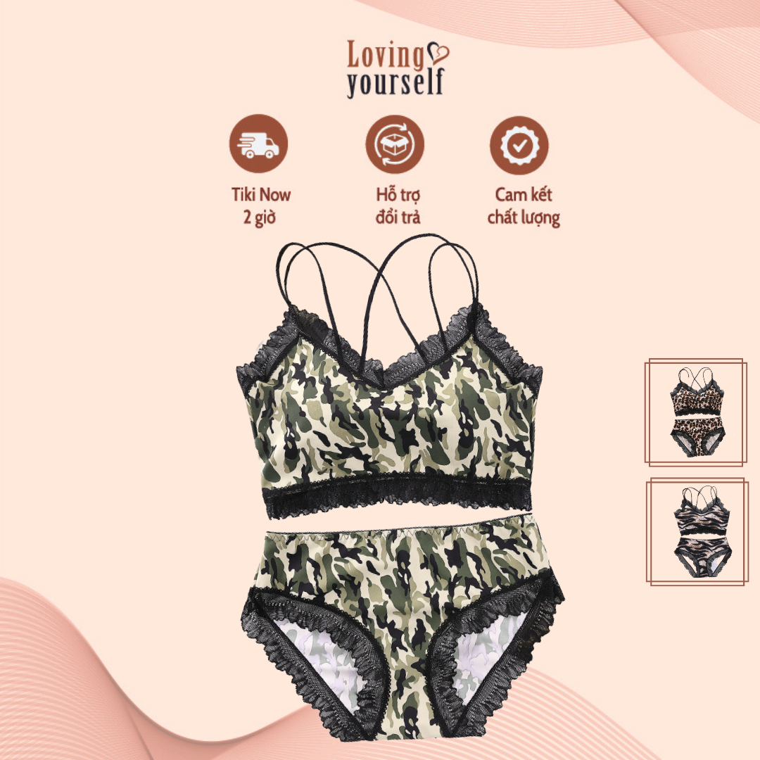 Đồ lót nữ, Bộ đồ lót, Set đồ lót thun lạnh phối ren da báo gợi cảm LYEB027