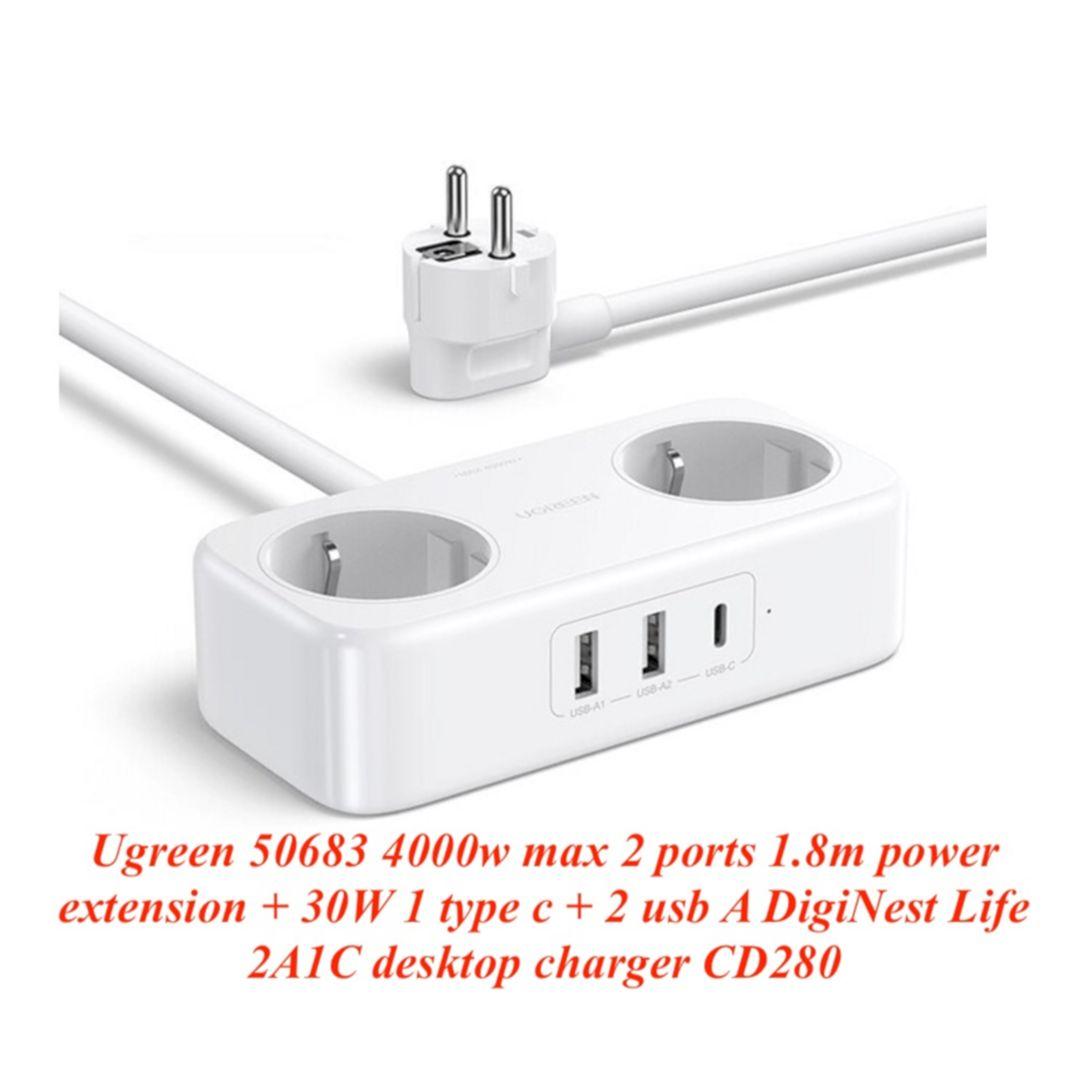 Ugreen UG50683CD280TK 4000W 1.8M Màu Trắng Bộ sạc đa cổng gồm 2 giắc cắm nguồn + 1 cổng USB-C 30W + 2 cổng USB-A Diginest Life 2A1C - HÀNG CHÍNH HÃNG