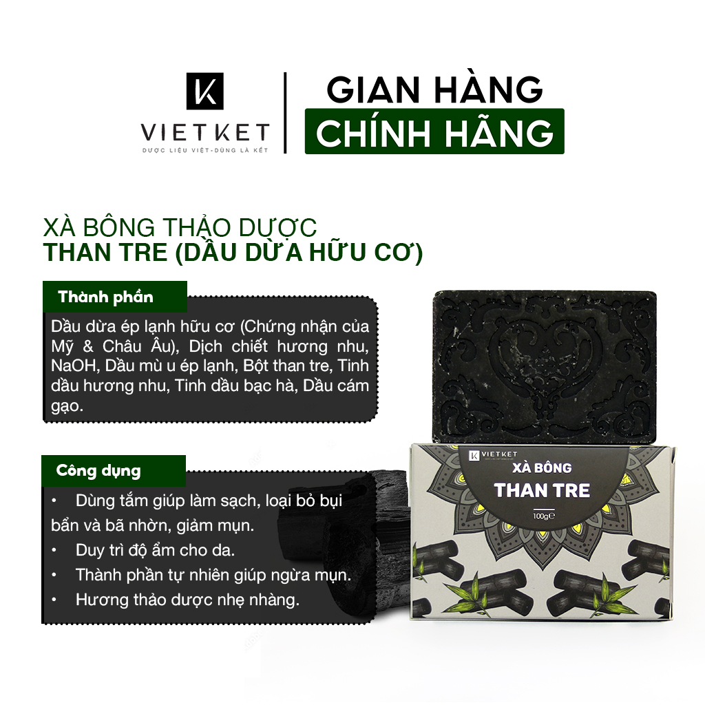 Cục Xà Bông Than Tre VIETKET DDHC 100g - Làm Sạch, Giảm Mụn Lưng, Sáng Da, Duy Trì Độ Ẩm, Hương Thơm Thảo Dược