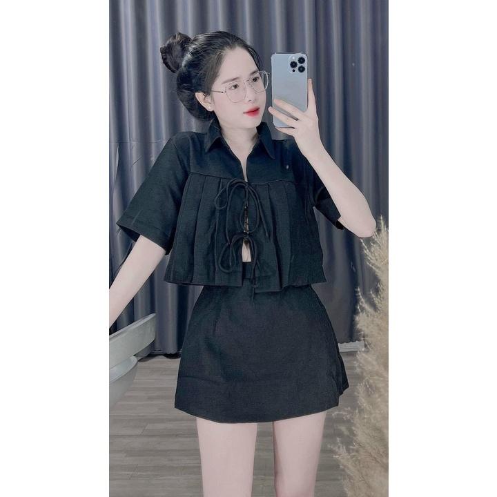 Sét bộ váy nữ áo croptop đan dây mix chân váy chữ A kiểu dáng hợp thời trang