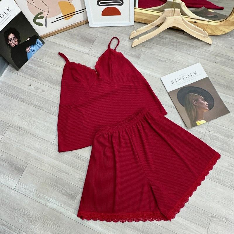 Set đồ bigsize áo dây viền ren kèm quần đùi ren chất gân tăm co giãn BIGSIZE CÔ NHỎ, Quần short áo thun - G124