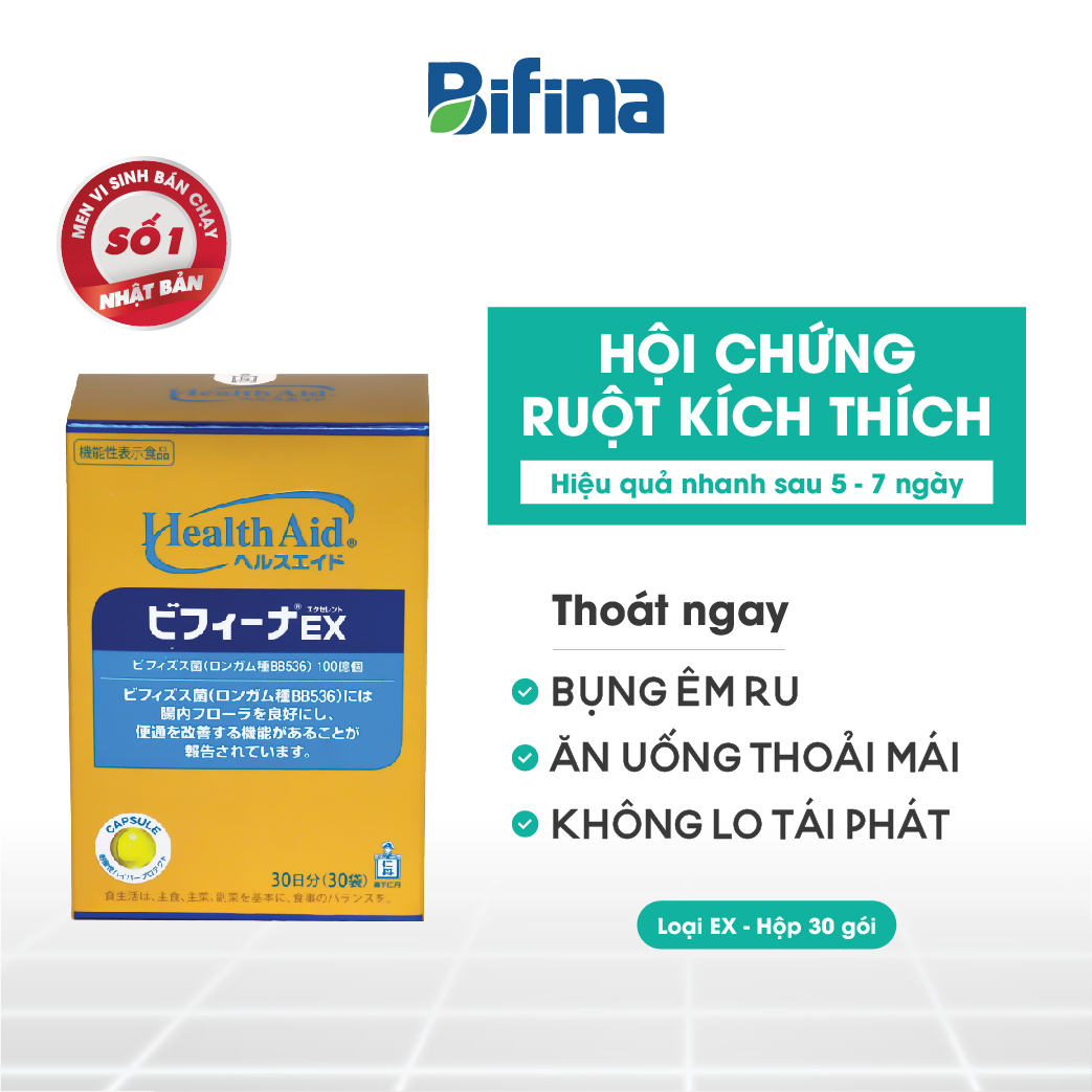 Men vi sinh BIFINA NHẬT BẢN - Thoát ngay Hội chứng ruột kích thích, viêm đại tràng co thắt - Loại EX hộp 30 gói