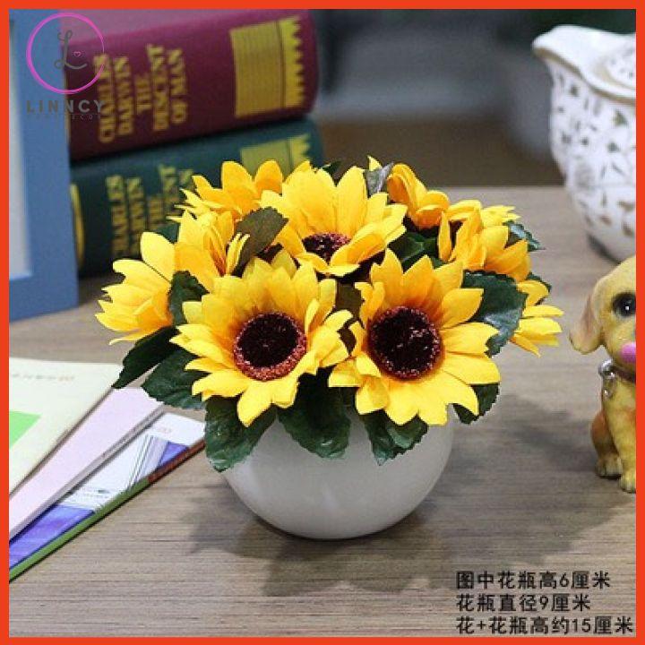 Chậu tròn hoa giả mini cắm sẵn để bàn nhiều mẫu cao 15cm