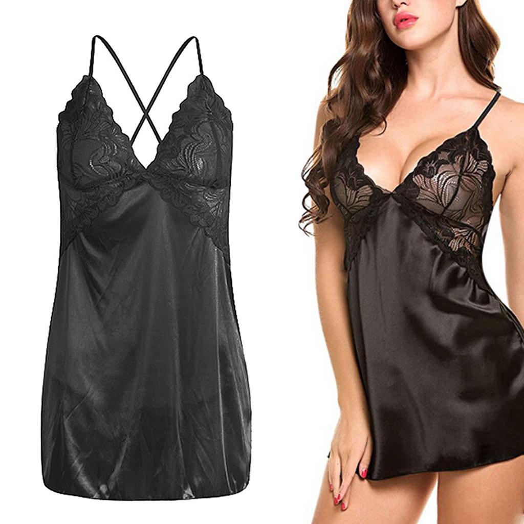 Women's Lingerie Lace Strappy Sleepwear T-back Set Nighty