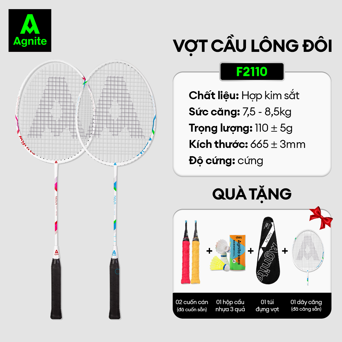 Cặp Vợt Cầu Lông Cán Liền Quấn Cao Su Agnite - Họa Tiết Khỏe Khoắn - Kèm Bao Vợt Cao Cấp Và Cầu Lông - 2 Chiếc - Hàng Chính Hãng - F2110 - F2110