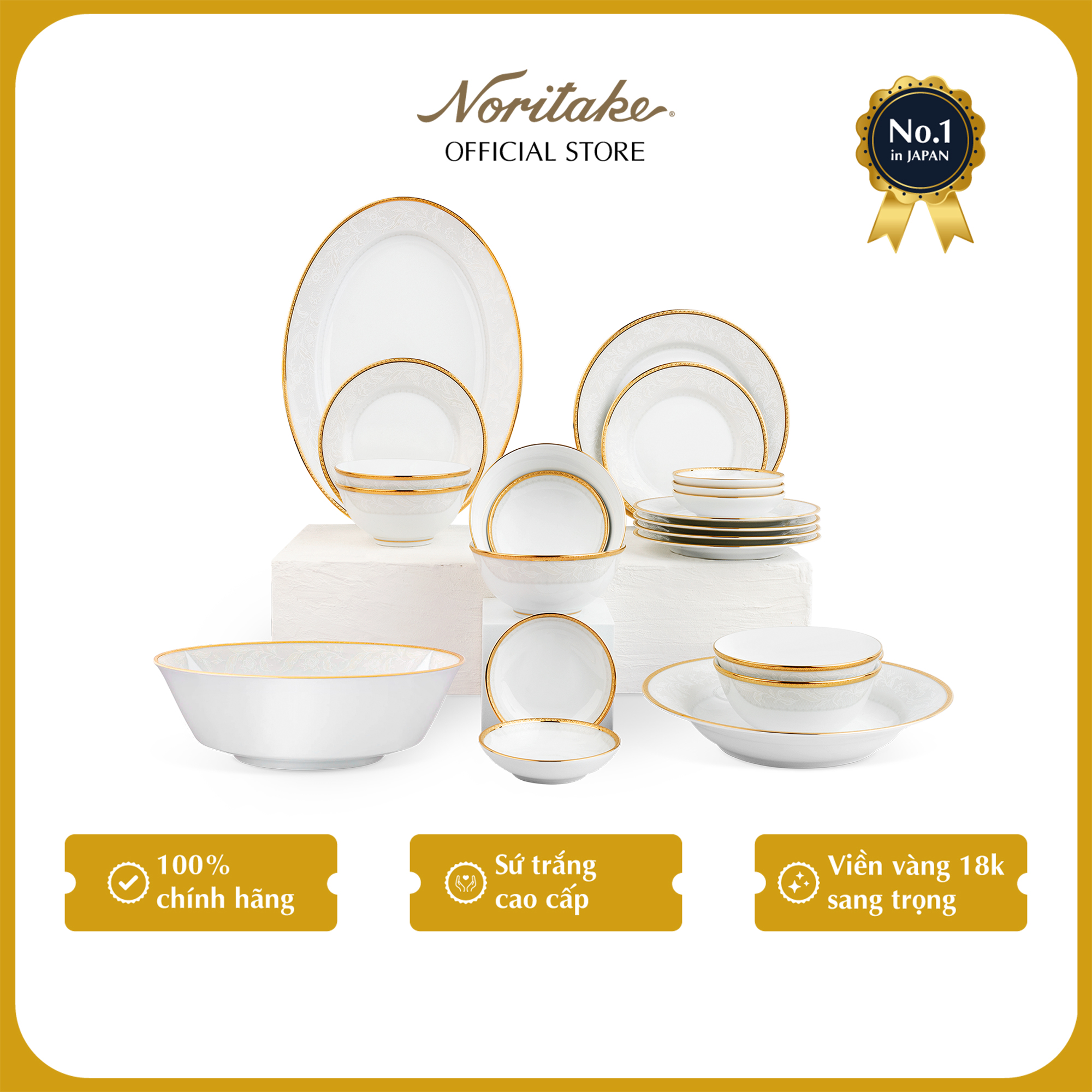 Bộ Bàn Ăn Châu Á Cơ Bản 22 Món Noritake dòng Flanders Gold sứ trắng cao cấp (1714 - D022AB)