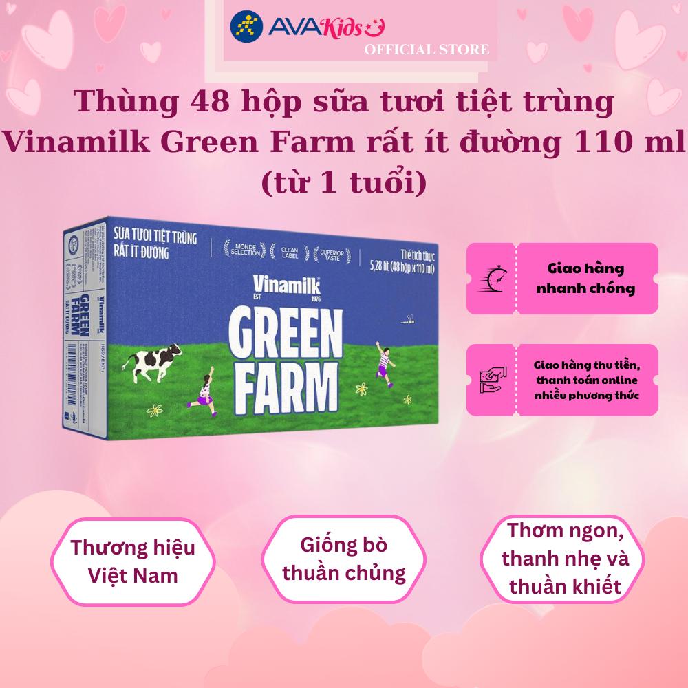 Thùng 48 hộp sữa tươi tiệt trùng Vinamilk Green Farm rất ít đường 110 ml (từ 1 tuổi)