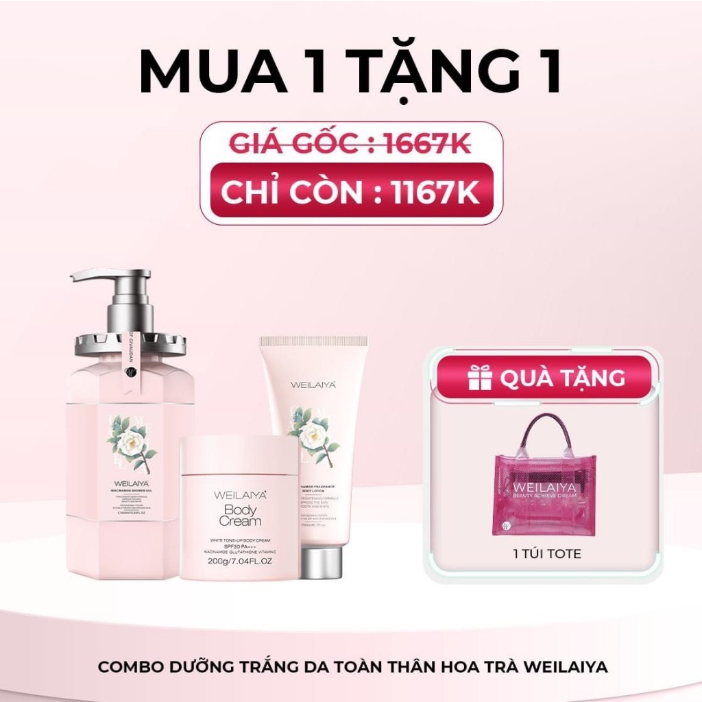 Combo Sữa tắm trắng da Niacinamide Weilaiya, kem body, Lotion dưỡng thể trắng da body hoa trà