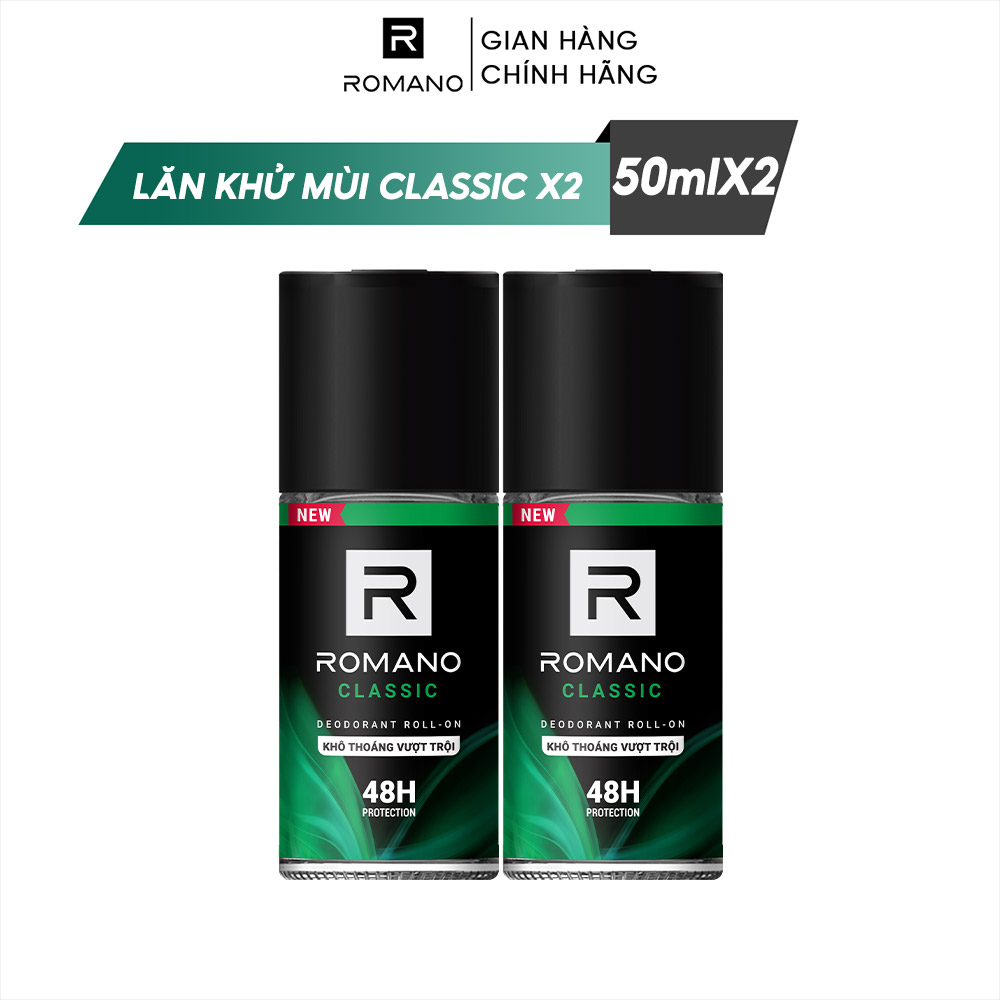 Combo 2 Lăn khử mùi Romano Classic kháng khuẩn & khô thoáng cả ngày 50ml*2