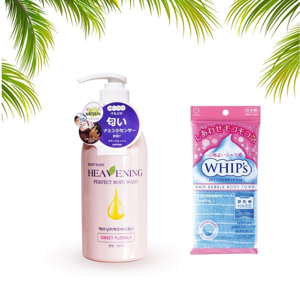 Combo sữa tắm dưỡng ẩm Heavening 750ml  + Khăn tắm tạo bọt Whip's