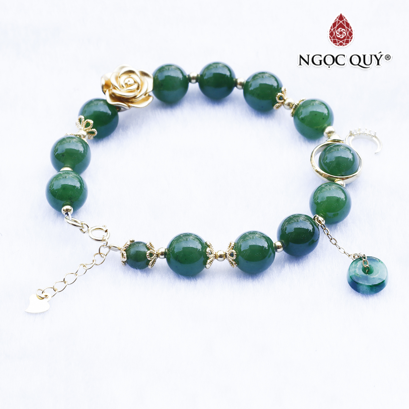 Vòng ngọc bích phối charm hoa bạc mạ vàng mệnh hỏa, thổ - Ngọc Quý Gemstones