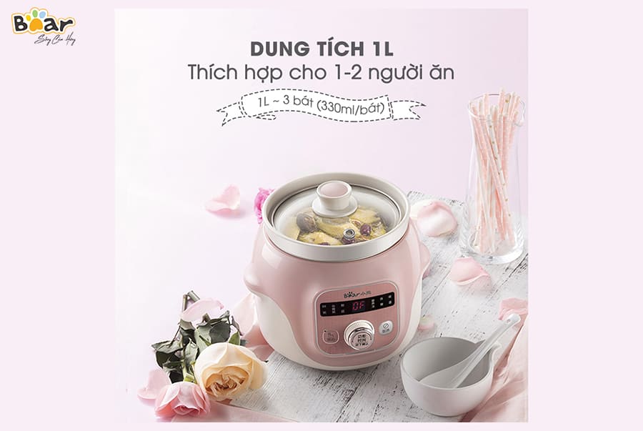 Nồi Chưng Yến, Nấu Cháo Chậm, Nồi Tiềm Thuốc Bắc BEAR DDG-D10B1S Dung Tích 1 Lít Công Suất 100 W - Hàng Chính Hãng