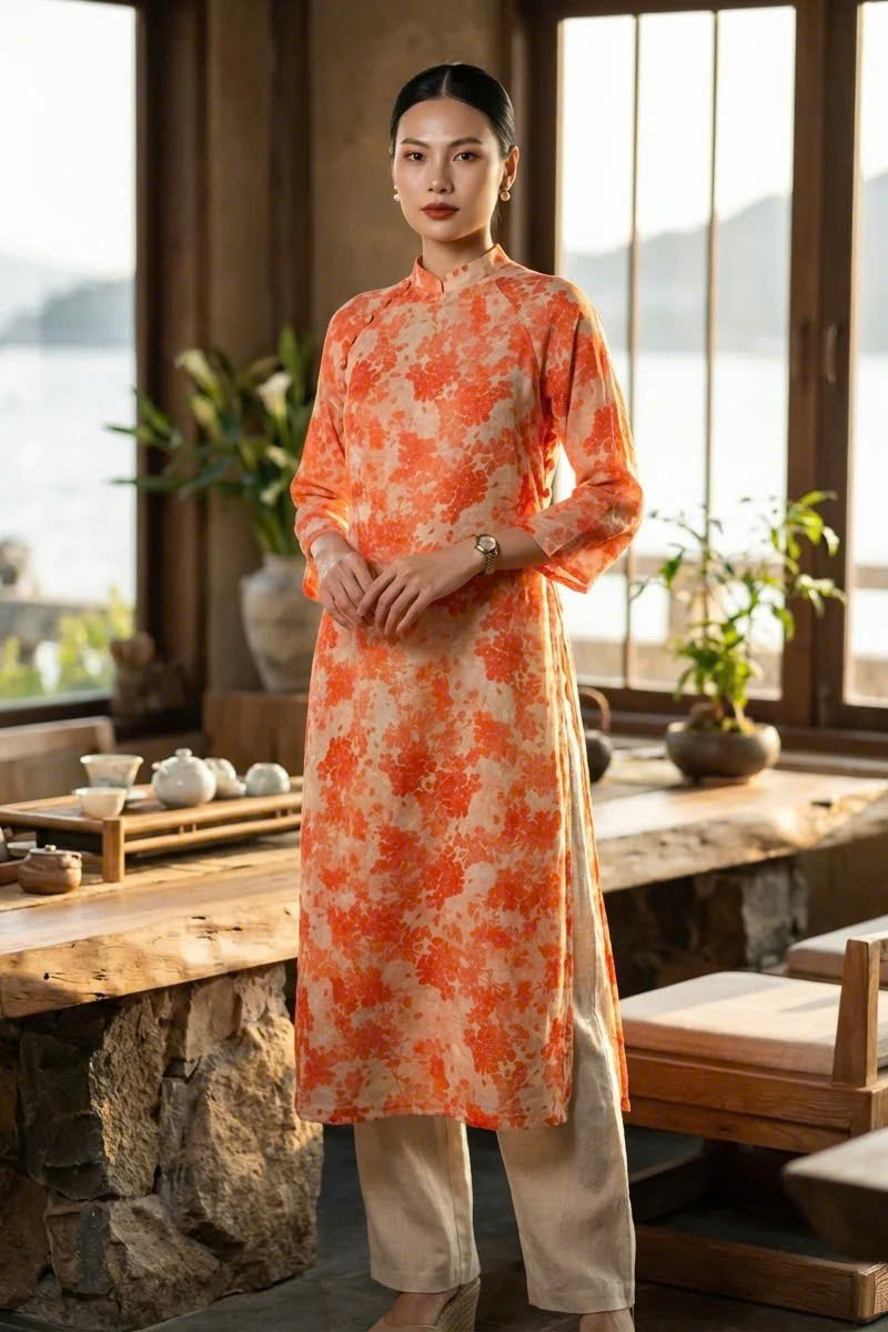 Áo Dài Suông Tay Raglan Vải Gai Xanh Ramie Hoa ADA001 thời trang thiết kế Hity