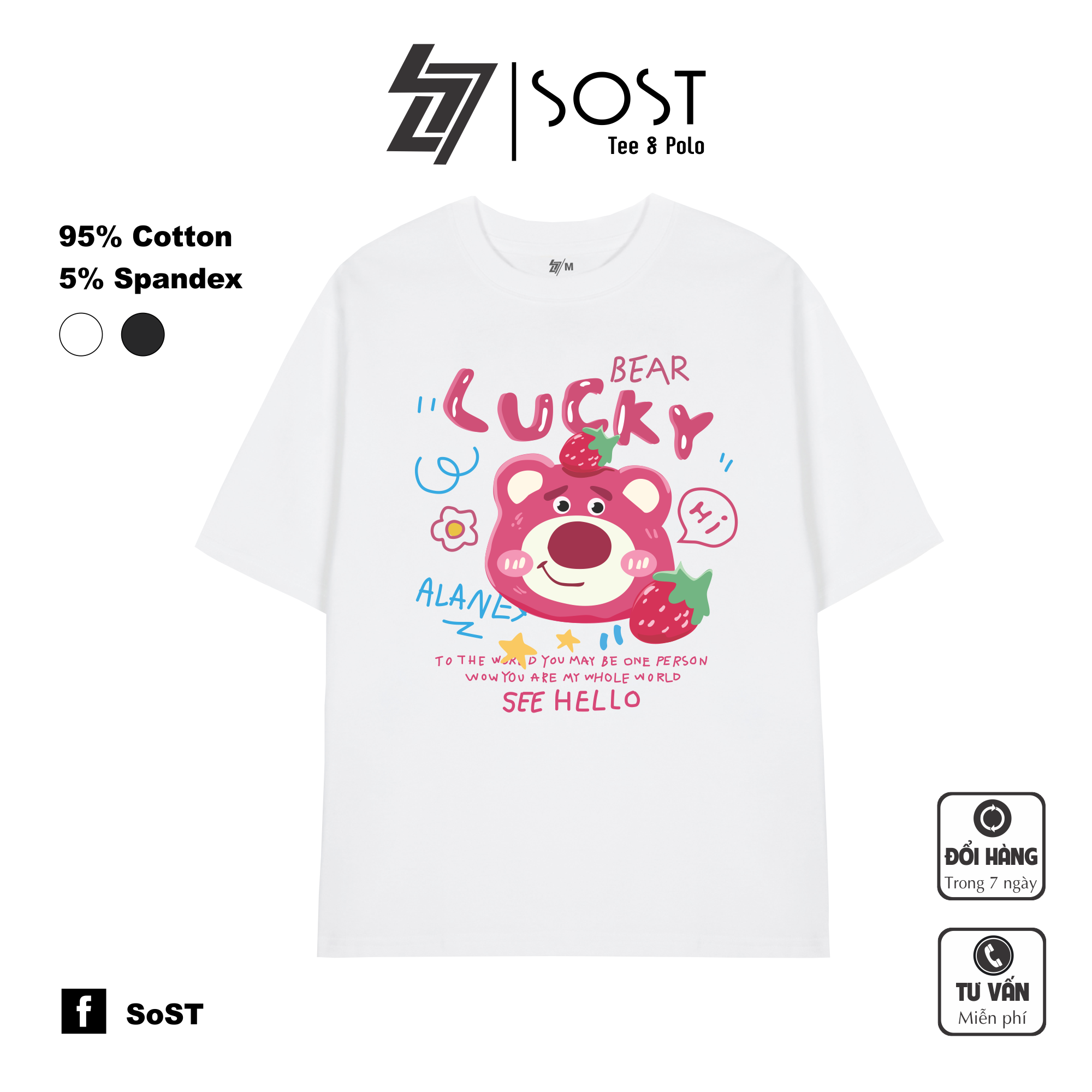 Áo Thun Sost Gấu Dâu Lotso See Hello Unisex Chất Cotton Cao Cấp Thoáng Mát