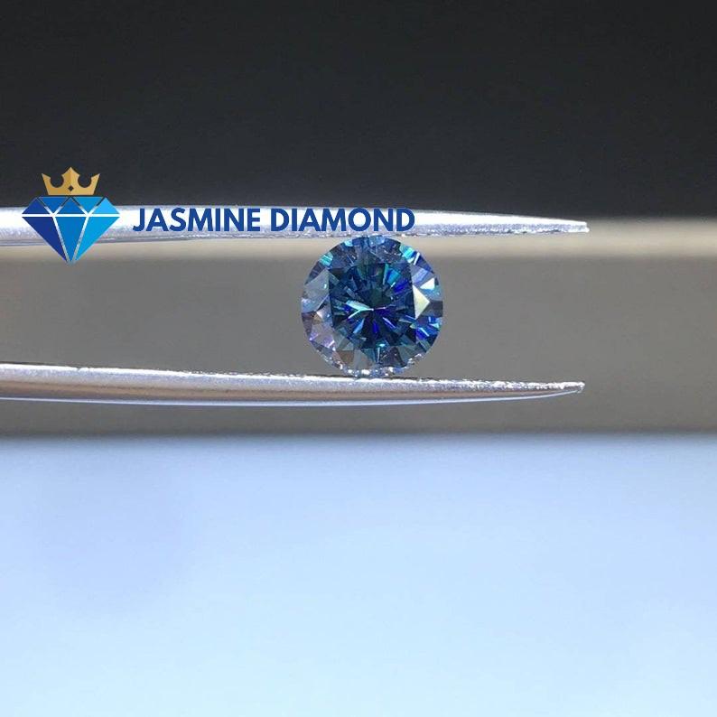 (Size từ 8-10.5 ly) Kim cương nhân tạo Mỹ Moissanite giác cắt tròn màu xanh dương